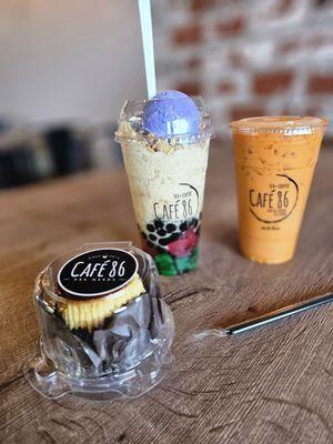 Ube Leche Flan Cupcake, Halo Halo, and Thai Tea