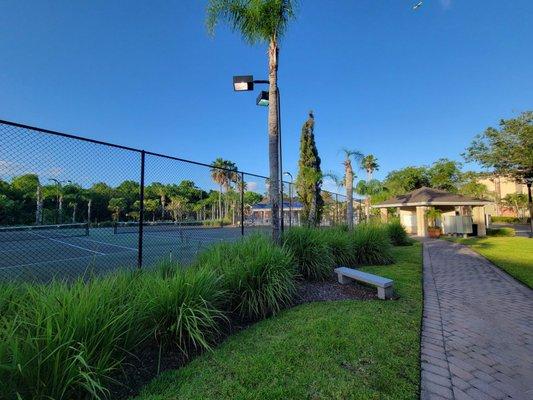 Tennis court and paver walkway