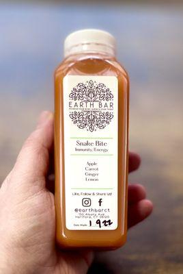 locally made Earth Bar juice - snake bite - apple, carrot, ginger & lemon - great!