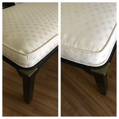 Photo on left is where it was sewn improperly, left front side of chair.Photo on right is where it was sewn properly, right side