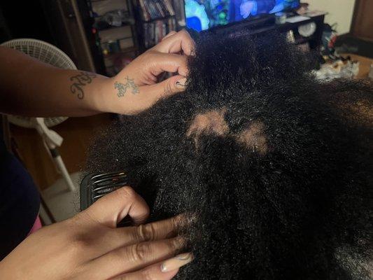 My daughter had very healthy 4C hair and no scalp issues. After going to Nikki, this is the damage.