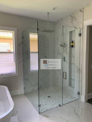 90 Deg. frameless shower door enclosure with chrome hardware