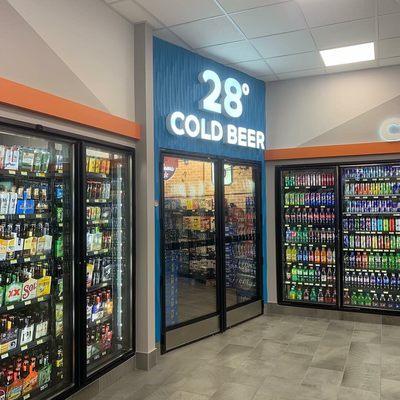 Great beer selection and prices inside the walk in 28 degree cold beer cave!