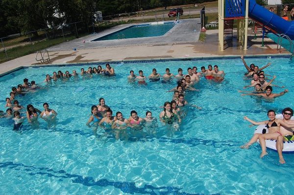 In front is the larger pool (includes a deep end). In the back is a shallower pool for the little ones or activities like water polo.