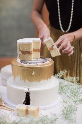 Top layer--almond pound cake with caramel frosting. You can see the chocolate cake on the bottom from where my hubby and I cut into the cake