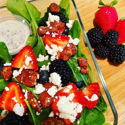 Triple Berry Salad with Candied Pecans and Goat Cheese