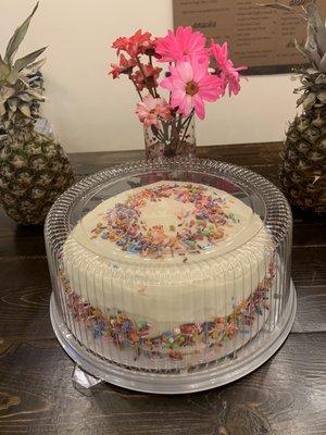 You can order your favorite cakes. This yummy thing is a white cake with cream cheese icing and sprinkles.