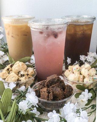 Iced Cold Brew Coffee ~
Real Squeezed Lemonade w/ Popping Pearls ~
Fresh Steeped Loose Leaf Iced Tea ~
Cookie Dough Bites