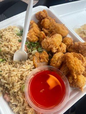 Shrimp nuggets w/ fried rice and some red sauce