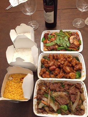 Spicy beef, general tsos chicken and beef with snow peas. Pork fried rice.