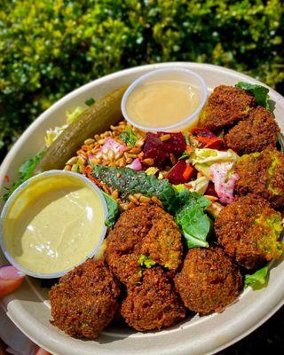 Falafael salad (extra falafel, amba sauce, pita tops)