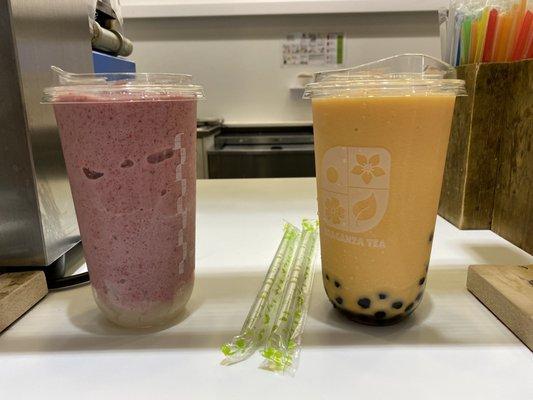 Strawberry  Taro with lychee jelly and Orange  Cream with Tapioca Boba