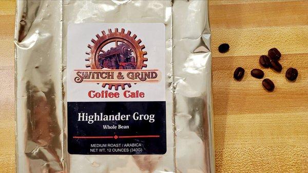 "Highlander Grog" whole bean coffee from SWITCH AND GRIND COFFEE CAFE in Woodbury, Georgia.