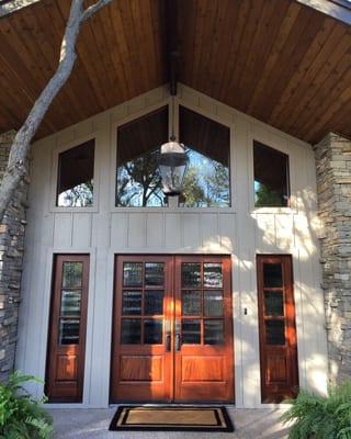 Custom built and finished mahogany doors installed