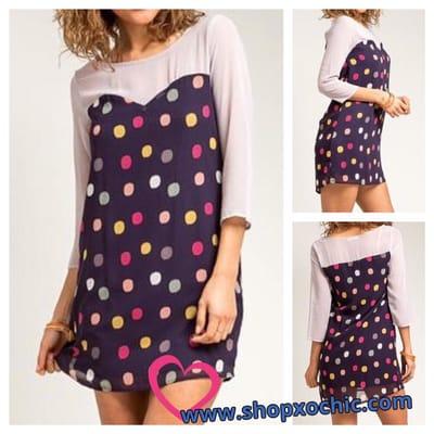 Multi-colored polka dot, chiffon dress with contrast sweet-heart neckline