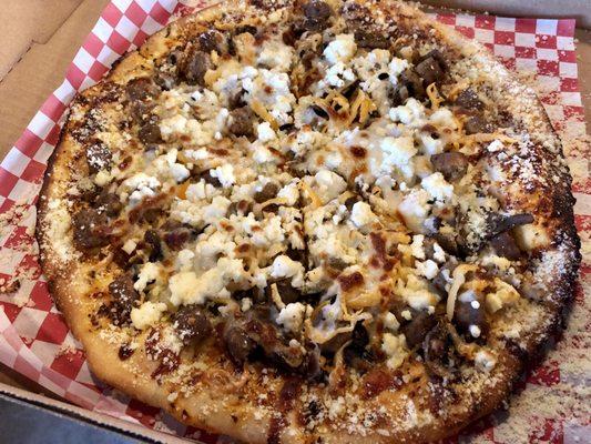 The Double Down Pizza with Habanero Peppers, Goat Cheese, Sausage, and Mushrooms - Crust Woodfire Pizza Food Truck