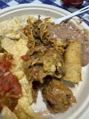 Chips and salsa, chili rellano casserole, chicken enchiladas, refried beans.