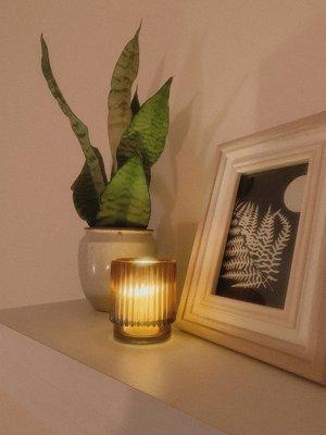 Plants, candles and artwork.