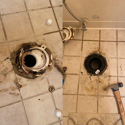 Before and after toilet flange replacement