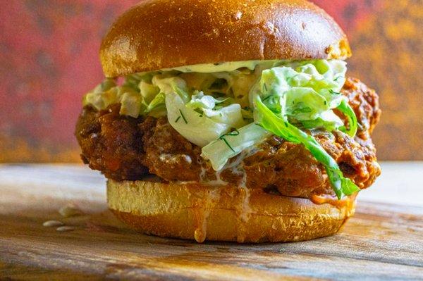 Buffalo fried chicken sandwich, dill coleslaw, buttermilk dressing and pickles