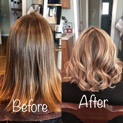 Balayaged highlights, gloss, cut and styled.