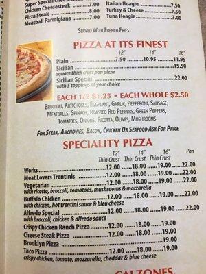 Pizza menu