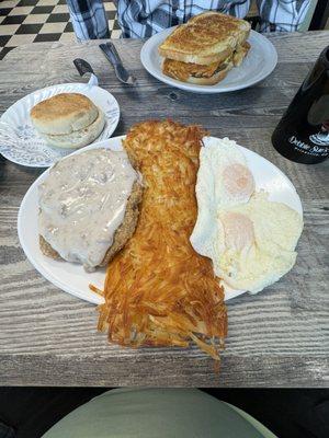 Chicken fried steak and breakfast sandwich.