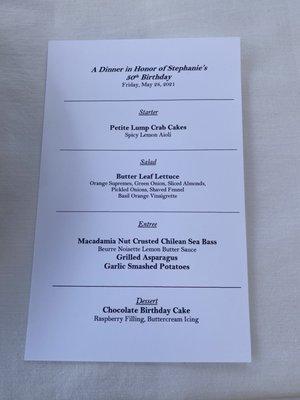 Personalized menu created for our celebration