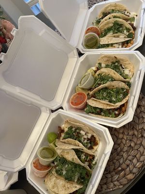 So good! I ordered way too much for myself. But it was delicious! Al Pastor, polio, Asada tacos. Their sauces are amazing too!