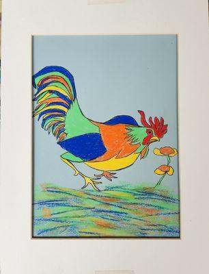 Colorful chinese chicken drawn in pastel.