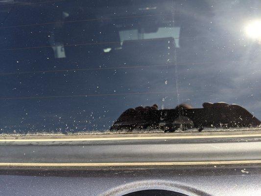 Dust on the bottom of the back window that didn't get washed or wiped away.