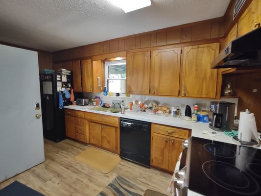 Wood cabinets and wood paneling before painting