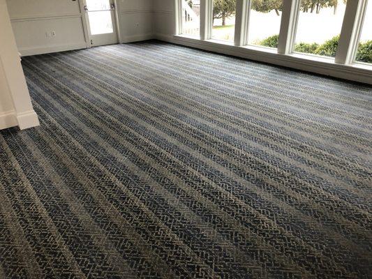 Golf Club 10 yr old glued carpet removal before installation of new plush, patterned Stanton carpet.