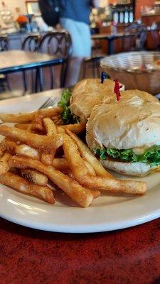 Italian chicken focaccia sandwich and fries.