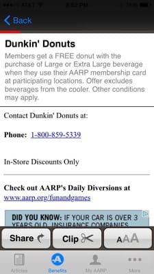 Free AARP donut with a purchase of a large beverage.