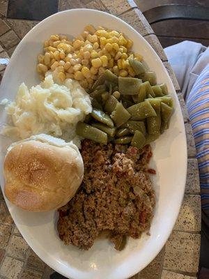 Meatloaf, green beans, corn, mashed potatoes, and roll 7.99