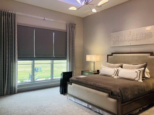 Bedroom motorized shades and custom drapery