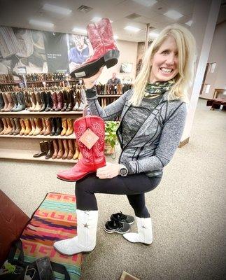 Me with my new red 1883 boots and a pair of the exact same boots the Dallas Cowboy Cheerleaders wear.