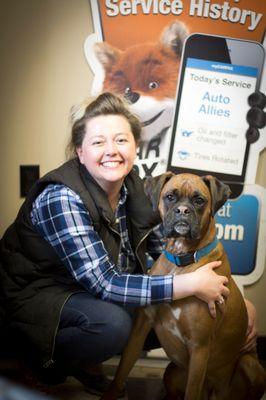 Kortney and our shop dog, Pete! Come into our shop and say hi!