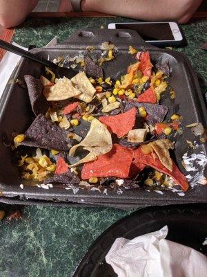 Nachos with grilled chicken microwaved in a styrofoam to go box. Had to peel melted styrofoam off my food. Best tasting plastic in town.