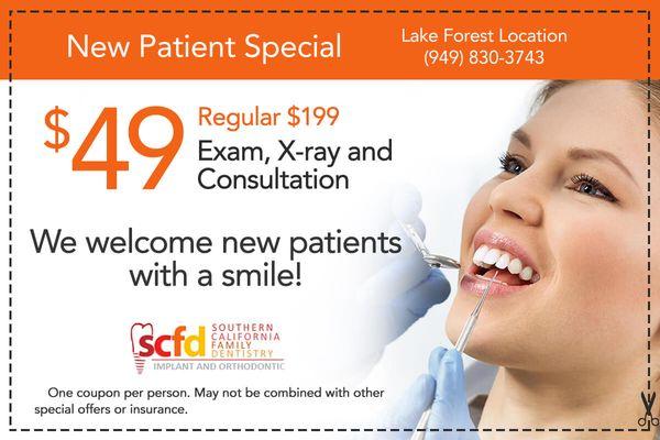 New patient accepted  $49.00 exam, x ray. consultation call to book today