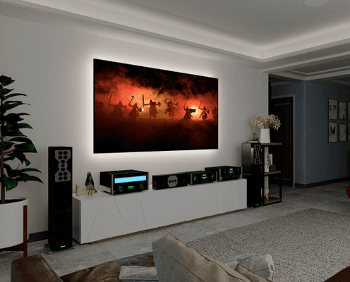 Home theater systems. Improved audio and video performance with surround sound speaker systems and large Ultra High-Definition TV screens.