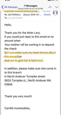 Proof of Camille Inumerables (AKA Salem Five) agreeing to deposit my check. This is just one of half a dozen emails from Salem Five