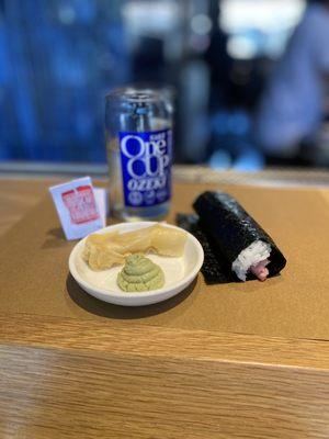 Cold Sake,  lobster hand roll, ginger & wasabi