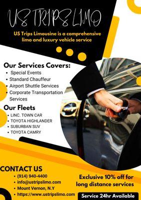 US Trips Limousine provides airport shuttle service, Long distance services and Medical and non-emergency medical transportation services