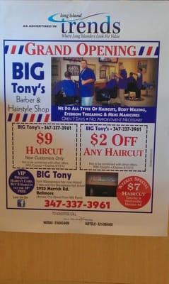 This is our weekly coupons and specials plus You get à VIP card 9 haircuts and the 10th one is free