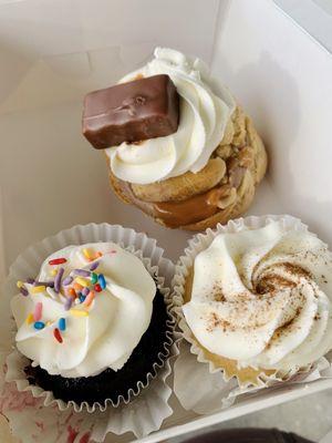 Snickers Cream Puff, Vanilla Tres Leches Cupcake, Chocolate Tres Leches Cupcake