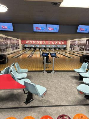 Each lane comes with a touch screen, TV screen to show scores and animations, and seating