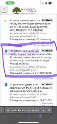 Proof that the AC company "Aztech" came to the home and reiterated the issue and reason the AC is not working properly.