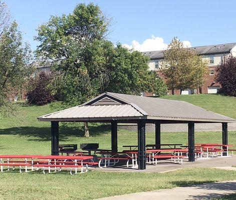 One of several covered picnic shelters with cooking grills in the park.